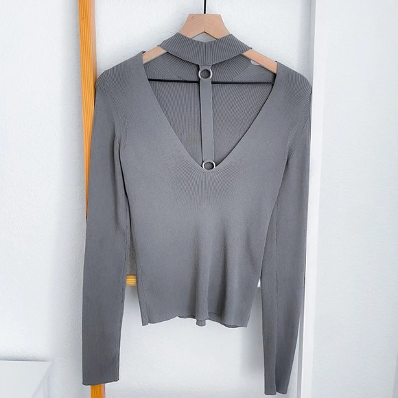 HELMUT LANG Ring Cutout Mockneck Pullover Top Gray Ling Sleeve Sweater - Picture 4 of 15